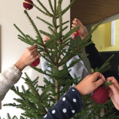 Schüler:innen hängen ihre selbst gefilzten Kugeln auf den Tannenbaum