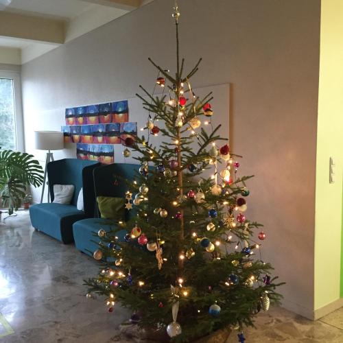 Der dekorierte Tannenbaum und die leuchtende Lichterkette