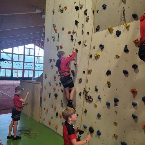 Schüler:innen beim Kletten und Sichern in der Kletterhalle in Ehrwald.