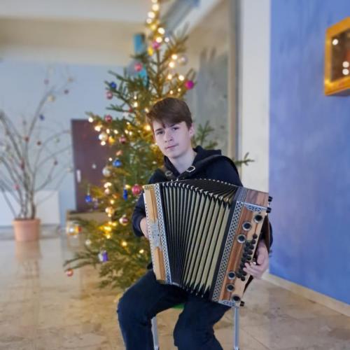 Schüler sitzt mit einer Ziehharmonika vor dem Weihnachtsbaum der Schule.