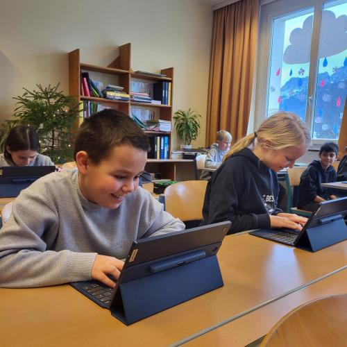 Schüler:innen arbeiten mit dem Tablet.