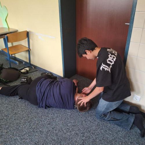 Ein Schüler bringt einen anderen Schüler in die stabile Seitenlage.