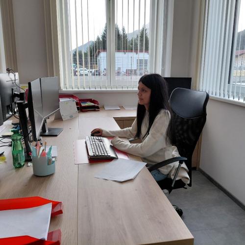 Schülerin am Schreibtisch vor dem PC. Arbeitet als Sekretärin.