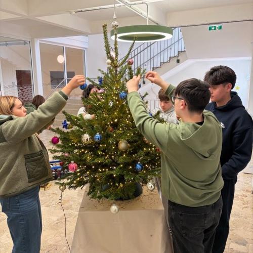 Schüler:innen schmücken den Tannenbaum für die MSK.