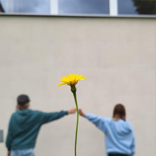 Zwei Schülerinnen halten eine übergroße Blume.