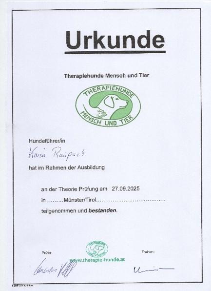 Urkunde Therapiehunde Mensch und Tier