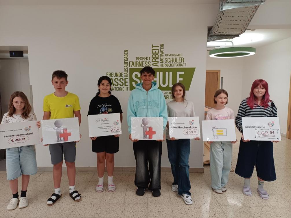 Gruppenfoto Schüler:innen 4c mit den Urkunden der gesammelten Geldbeträge.