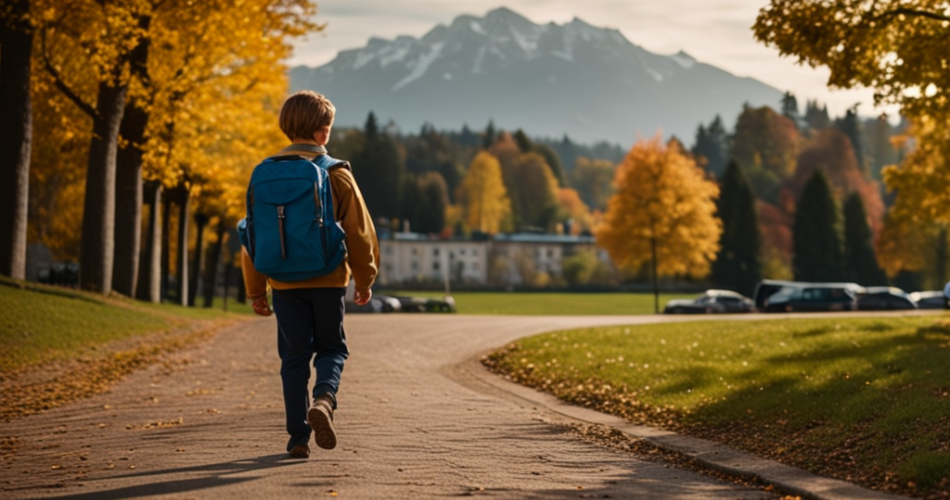 Ein Schulkind läuft eine Landstraße entlang.