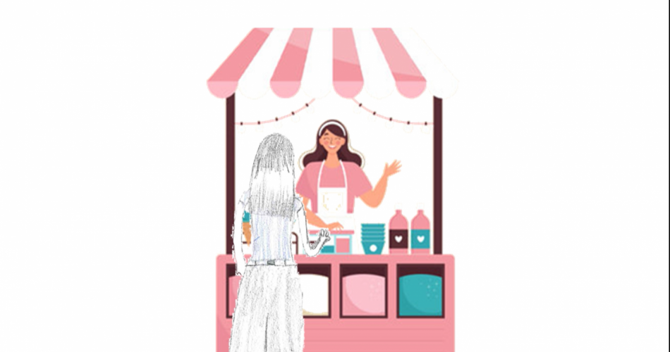 Eine gezeichnete Person steht vor einem Eisladen, um ein Eis zu bestellen.